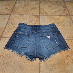 Guess Jean Shorts Blue Denim Distressed Raw Hem Triangle Logo Womens Size 28